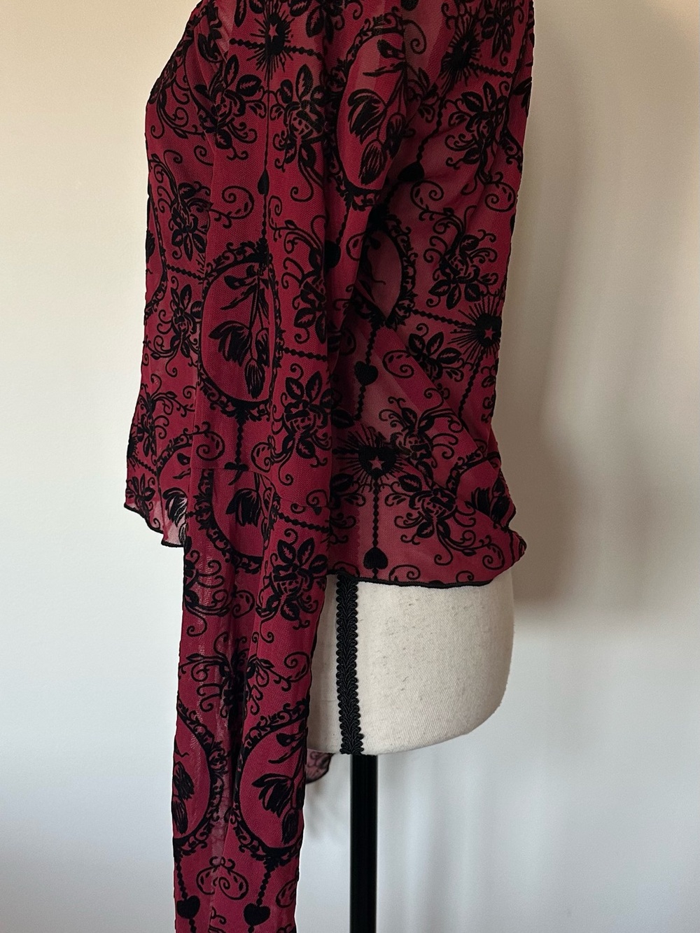 Whimsigoth Red Black Velvet Burnout Mesh Long Bell Sleeve Crop Top Goth Grunge - Picture 4 of 9